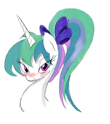 Size: 847x956 | Tagged: safe, artist:zev, princess celestia, g4, alternate hairstyle, blushing, female, high ponytail, ponytail, solo