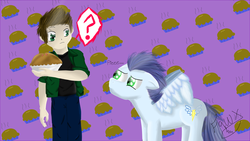 Size: 1024x578 | Tagged: dead source, safe, artist:feathertail6345, soarin', human, pegasus, pony, g4, crossover, dean winchester, male, pie, question mark, stallion, supernatural, that pony sure does love pies