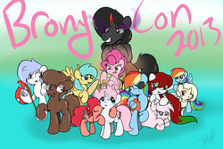 Size: 3000x2000 | Tagged: safe, artist:lightningnickel, king sombra, pinkie pie, sunshower raindrops, oc, oc:fluffle puff, oc:frigid drift, oc:palette swap, chocolate pony, food pony, original species, pony, bronycon, bronycon 2013, g4, doxy, food, hotblooded pinkie pie, pet-dash, pirate dash, ponified, tired pie, tumblr