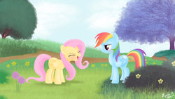 Size: 1024x576 | Tagged: safe, artist:momousui, fluttershy, rainbow dash, pegasus, pony, g4, sonic rainboom (episode), duo, female, flutteryay, mare, scene interpretation, yay