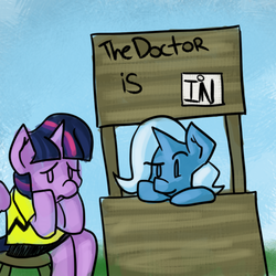 Size: 500x500 | Tagged: safe, artist:fauxsquared, trixie, twilight sparkle, alicorn, pony, g4, charlie brown, female, lucy's advice booth, mare, peanuts, twilight sparkle (alicorn)