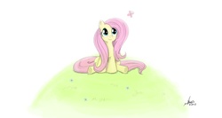 Size: 2000x1063 | Tagged: safe, artist:ncmares, fluttershy, butterfly, g4, animal, female, grass, looking at something, looking up, sitting, solo