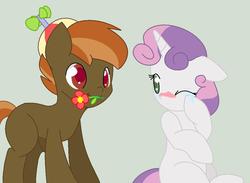 Size: 1039x762 | Tagged: safe, artist:longtail448, button mash, sweetie belle, g4, blushing, buttonbetes, crying, cute, daaaaaaaaaaaw, diasweetes, female, flower, flower in mouth, male, mouth hold, ship:sweetiemash, shipping, straight, wholesome