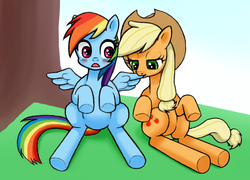 Size: 740x534 | Tagged: safe, artist:asdf314159265, applejack, rainbow dash, pegasus, pony, g4, blushing, cute, female, lesbian, nibbling, preening, ship:appledash, shipping