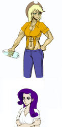 Size: 746x1532 | Tagged: safe, artist:asdf314159265, applejack, rarity, human, g4, abs, applejacked, belly button, female, front knot midriff, humanized, lesbian, midriff, nosebleed, ship:rarijack, shipping