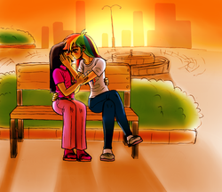 Size: 1078x933 | Tagged: safe, artist:asdf314159265, rainbow dash, twilight sparkle, human, g4, backlighting, bench, blushing, building, female, humanized, kissing, lesbian, park, ship:twidash, shipping