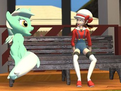 Size: 1024x768 | Tagged: safe, artist:php74, lyra heartstrings, human, g4, 3d, bench, clothes, crossover, gmod, kotone, lyra (pokémon), namesake, pokémon, sitting lyra, socks, thigh highs, thigh socks