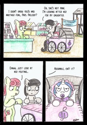 Size: 1718x2468 | Tagged: safe, artist:bobthedalek, dj pon-3, vinyl scratch, oc, oc:mixed melody, oc:octavia's mother, earth pony, pony, unicorn, g4, adult foal, baby, babysitting, bonnet, comic, cute, funny, glare, market, mothers gonna mother, pacifier, parent, pram, unamused, vinyl scratch is not amused