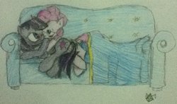 Size: 960x564 | Tagged: safe, artist:emeraldflight, pinkie pie, twilight sparkle, g4, blanket, couch, female, lesbian, ship:twinkie, shipping