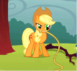 Size: 556x514 | Tagged: safe, screencap, applejack, earth pony, pony, g4, look before you sleep, season 1, animated, cropped, female, mouth hold, rope, snorting, solo