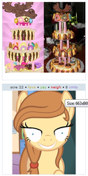 Size: 265x526 | Tagged: safe, oc, oc only, oc:cream heart, earth pony, pony, g4, cake, defictionalization, earth pony oc, exploitable meme, female, juxtaposition, juxtaposition win, mare, marzipan mascarpone meringue madness, meme, rapeface