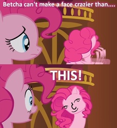 Size: 638x697 | Tagged: safe, edit, edited screencap, screencap, pinkie pie, earth pony, pony, g4, too many pinkie pies, betcha can't make a face crazier than this, clone, crazy face, duo, faic, female, image macro, le lenny face, mare, multeity, pinkie clone, text, too much pink energy is dangerous