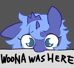 Size: 704x642 | Tagged: safe, artist:toki, princess luna, g4, crying, cute, female, filly, floppy ears, frown, kilroy, kilroy was here, messy mane, mouth hold, nom, pixiv, s1 luna, solo, tiara, woona