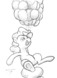 Size: 561x768 | Tagged: safe, artist:topgull, pinkie pie, g4, balloon, female, monochrome, solo, then watch her balloons lift her up to the sky