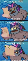 Size: 442x960 | Tagged: safe, edit, twilight sparkle, fish, g4, checklist, gross, image macro, no weenies allowed, spongebob squarepants, text