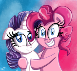 Size: 900x830 | Tagged: safe, artist:daniel-sg, pinkie pie, rarity, earth pony, pony, unicorn, g4, bust, floppy ears, hug, looking at you, signature, smiling