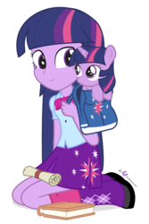 Size: 600x900 | Tagged: safe, artist:dm29, twilight sparkle, human, equestria girls, g4, backpack, book, cute, duality, duo, filly, hnnng, human ponidox, kneeling, leaning, pony in a bag, pony pet, scroll, simple background, smiling, square crossover, transparent background, twiabetes