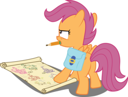 Size: 5001x3797 | Tagged: safe, artist:abion47, scootaloo, pegasus, pony, g4, absurd resolution, bag, blank flank, female, filly, foal, map, mouth hold, pencil, pencil in mouth, saddle bag, simple background, solo, spread wings, transparent background, vector, wings