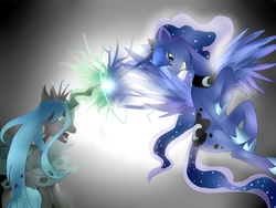 Size: 3000x2250 | Tagged: safe, artist:the0ne-u-lost, princess luna, queen chrysalis, alicorn, changeling, changeling queen, pony, g4, crown, ethereal mane, fangs, female, fight, glowing, glowing horn, horn, jewelry, magic, regalia