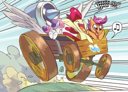 Size: 1044x751 | Tagged: safe, artist:ben bates, idw, apple bloom, imp the mimicker, scootaloo, sweetie belle, mimicker, g4, micro-series #7, my little pony micro-series, cart, cutie mark crusaders, jet engine