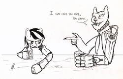 Size: 3367x2183 | Tagged: safe, artist:marker, rover, oc, oc:blackjack, cyborg, diamond dog, hellhound, fallout equestria, fallout equestria: project horizons, g4, amputee, monochrome, prosthetic limb, prosthetics, sand dog, traditional art