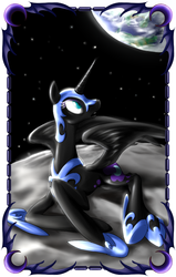 Size: 615x970 | Tagged: safe, artist:baitoubaozou, nightmare moon, alicorn, pony, g4, banishment, earth, female, looking up, lying down, moon, solo, space