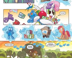 Size: 1057x858 | Tagged: safe, idw, apple bloom, imp the mimicker, scootaloo, sweetie belle, mimicker, g4, micro-series #7, my little pony micro-series, clubhouse, crusaders clubhouse, cutie mark crusaders, female, toy