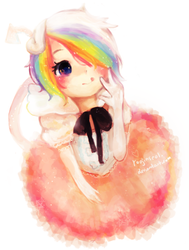 Size: 589x778 | Tagged: safe, artist:jubilri, rainbow dash, human, g4, blushing, bow, clothes, cute, dashabetes, dress, female, hair over one eye, humanized, simple background, solo, tongue out, white background, younger