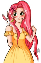 Size: 457x709 | Tagged: safe, artist:aiji, angel bunny, fluttershy, g4, female, humanized, solo