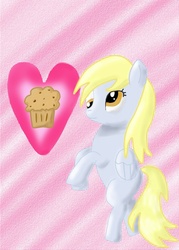 Size: 500x700 | Tagged: safe, artist:sistdacraft, derpy hooves, pegasus, pony, g4, female, flying, heart, mare, muffin, solo