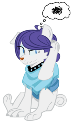 Size: 625x1065 | Tagged: safe, artist:dbkit, rarity, diamond dog, hengstwolf, werewolf, g4, clothes, collar, diamond dogified, female, female diamond dog, raridog, scratching, simple background, sitting, solo, species swap, transparent background, vector