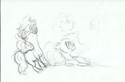 Size: 2107x1392 | Tagged: safe, artist:394vikingpinkiepie, applejack, fluttershy, g4, monochrome, sunglasses, traditional art