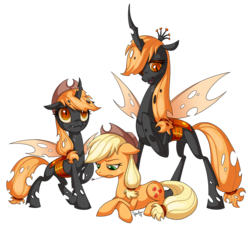 Size: 1230x1120 | Tagged: safe, artist:heilos, applejack, changeling, changeling queen, fanfic:changelings of harmony, fanfic:six queens, fanfic:the advent of applejack, g4, applejack's hat, appleling, changelingified, cover art, cowboy hat, fanfic art, fanfic cover, hat, orange changeling, queen applejack, simple background, species swap, stetson, white background