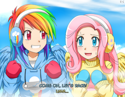 Size: 772x599 | Tagged: safe, artist:endless-summer181, fluttershy, rainbow dash, human, g4, clothes, earmuffs, humanized, sweater, sweatershy