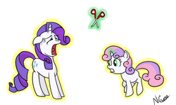 Size: 1280x768 | Tagged: safe, artist:cwossie, rarity, sweetie belle, g4, levitation, scissors