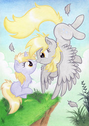 Size: 2000x2839 | Tagged: safe, artist:agamnentzar, derpy hooves, dinky hooves, pegasus, pony, g4, boop, chest fluff, cliff, cute, derpabetes, dinkabetes, equestria's best mother, feather, female, flying, mare, nuzzling