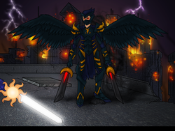 Size: 4000x3000 | Tagged: safe, artist:xd-385, oc, oc only, fanfic:the lost element, antagonist, armor, city, dark, explosion, fire, glowing, high res, implied princess celestia, lightning, mane, manehattan, mask, nonbeing, scary, sword, warrior, weapon, wings