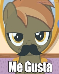 Size: 302x373 | Tagged: safe, button mash, earth pony, pony, button's adventures, g4, bedroom eyes, button 'stache, colt, foal, image macro, male, me gusta, meme, moustache, rage face, smiling, solo, text