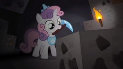 Size: 959x540 | Tagged: safe, artist:jan, sweetie belle, don't mine at night, g4, female, minecraft, pickaxe, solo, teaser