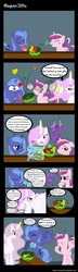 Size: 1100x3800 | Tagged: safe, artist:treez123, princess cadance, princess celestia, princess luna, g4, bikini, bloodshot eyes, cewestia, clothes, comic, eye bulging, fake breasts, filly, fruit, megaphone, pink-mane celestia, pomf, s1 luna, swimsuit, wingboner, woona