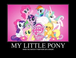 Size: 750x574 | Tagged: safe, applejack, fluttershy, pinkie pie, princess celestia, rainbow dash, rarity, spike, twilight sparkle, g4, demotivational poster, fim logo, hello 2011, mane seven, mane six, mane six opening poses, meme, misspelling, my little pony logo