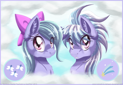 Size: 1024x707 | Tagged: safe, artist:inuhoshi-to-darkpen, cloudchaser, flitter, pegasus, pony, g4, bow, bust, cheek fluff, chest fluff, cutie mark, duo, ear fluff, female, fluffy, hair bow, looking at you, mare, portrait, sisters, smiling