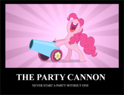 Size: 1969x1506 | Tagged: dead source, safe, edit, edited screencap, screencap, pinkie pie, g4, season 2, sweet and elite, demotivational poster, female, hello 2011, meme, party cannon, solo