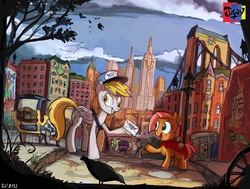 Size: 2786x2102 | Tagged: safe, artist:jowyb, babs seed, derpy hooves, earth pony, pegasus, pony, g4, blonde, blonde hair, blonde mane, blonde tail, brown body, brown coat, brown fur, brown pony, cape, clothes, cmc cape, female, filly, foal, folded wings, freckles, gray body, gray coat, gray fur, gray pony, gray wings, grey body, grey fur, grey pony, grey wings, hat, letter, magenta hair, magenta mane, magenta tail, mail, mailmare, mailmare hat, manehattan, mare, outdoors, tail, wings, yellow eyes, yellow hair, yellow mane, yellow tail