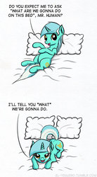 Size: 500x904 | Tagged: safe, artist:el-yeguero, lyra heartstrings, pony, unicorn, g4, and then sex happened, bed, comic, female, femdom, hand, humie, imminent sex, mare, on bed, pomf, raised tail, solo, subverted meme, that pony sure does love humans, what are we gonna do on the bed?