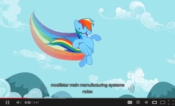 Size: 640x390 | Tagged: safe, screencap, rainbow dash, g4, may the best pet win, animation error, female, flying, meme, solo, youtube, youtube caption