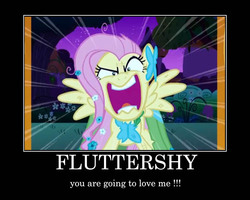 Size: 750x600 | Tagged: safe, edit, edited screencap, screencap, fluttershy, pegasus, pony, g4, the best night ever, demotivational poster, female, flutterrage, hello 2011, mare, meme, solo, text, you're going to love me