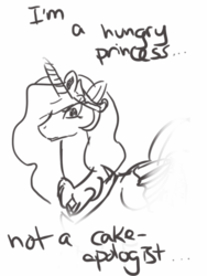 Size: 768x1024 | Tagged: artist needed, safe, princess celestia, g4, angry, cake, down with this sort of thing, female, frown, looking at you, monochrome, parody, social justice warrior, solo