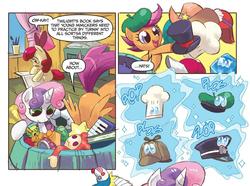 Size: 1051x784 | Tagged: safe, idw, official comic, apple bloom, imp the mimicker, scootaloo, sweetie belle, mimicker, g4, spoiler:comic, cutie mark crusaders, hat