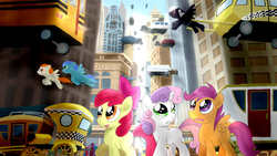Size: 3200x1800 | Tagged: safe, artist:nekokevin, apple bloom, scootaloo, sweetie belle, earth pony, pegasus, pony, unicorn, g4, building, city, cityscape, cutie mark crusaders, downtown, flying, frown, looking up, manehattan, smiling, taxi, vehicle